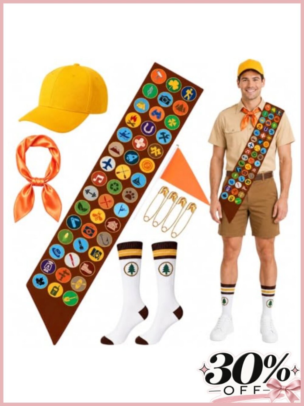 Scout Costume Set 5 Piece Hat Sash Socks Neckerchief Flag Cosplay Halloween
